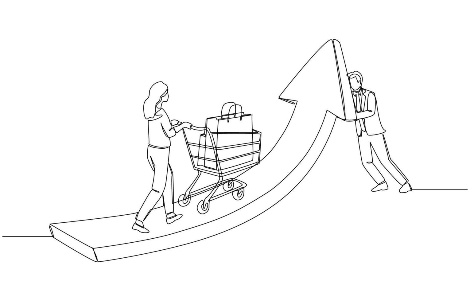 Continuous one line drawing of businessman pushing arrow up while woman pushing shopping cart up following arrow, stimulation of consumer spending concept, single line art. vector