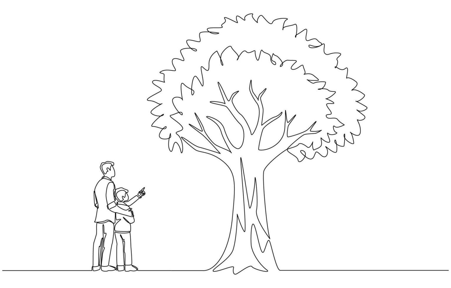 Continuous one line drawing of father and son looking at big tree, inculcating value in preserving nature concept, single line art. vector