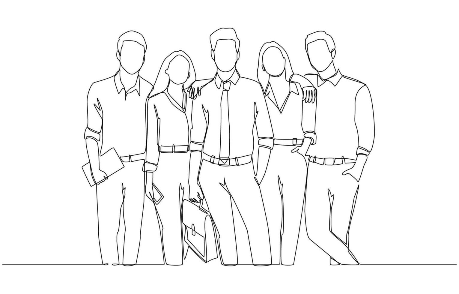 Continuous one line drawing of young office workers stand together confidently, professional business team concept, single line art. vector