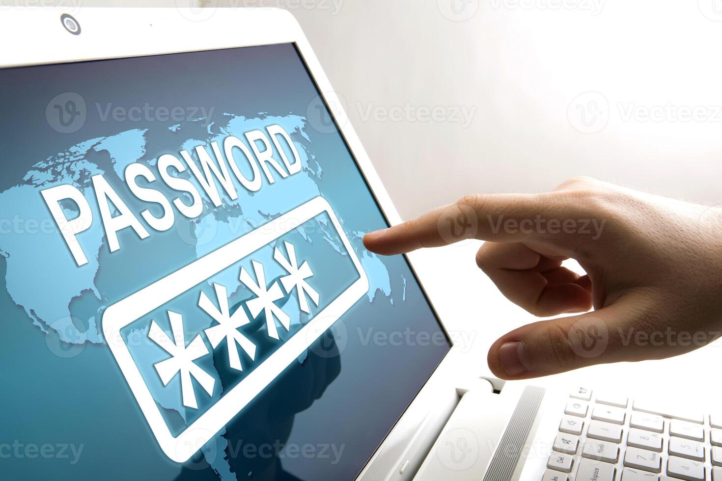 human fingers on the notebook screen and network authorization photo