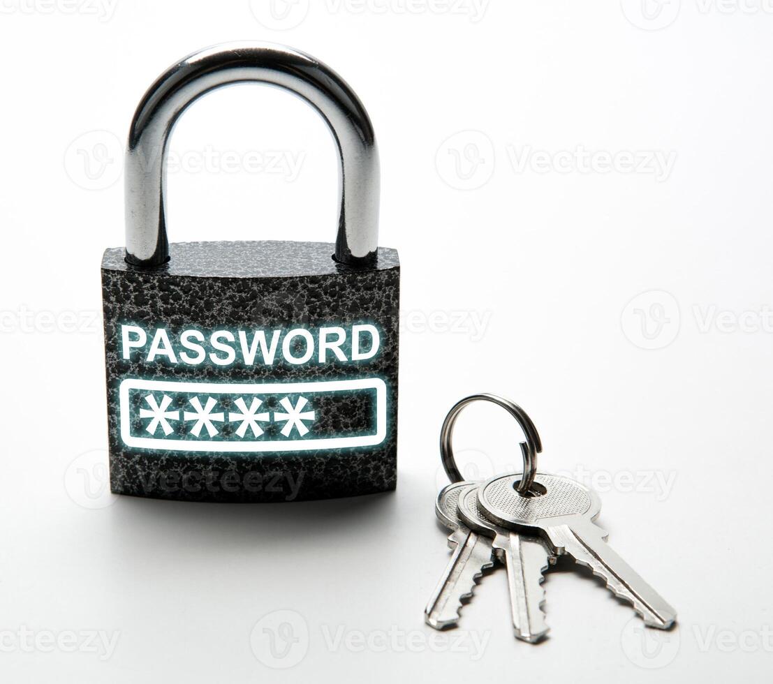 durable padlock with password with keychain on white photo