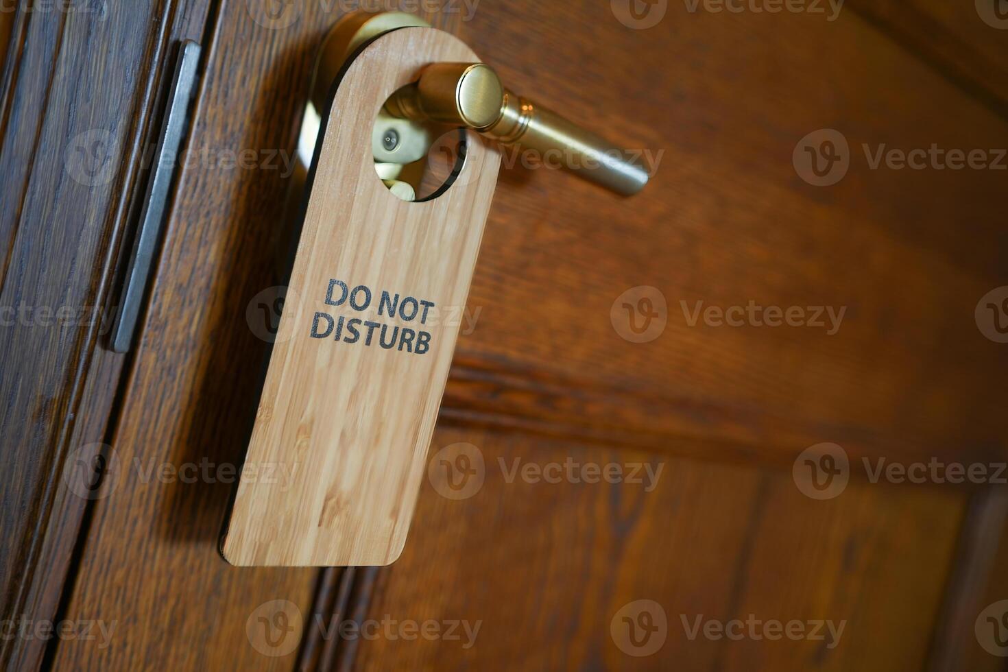 Please do not disturb sign hanging on the door handle in hotel room. photo