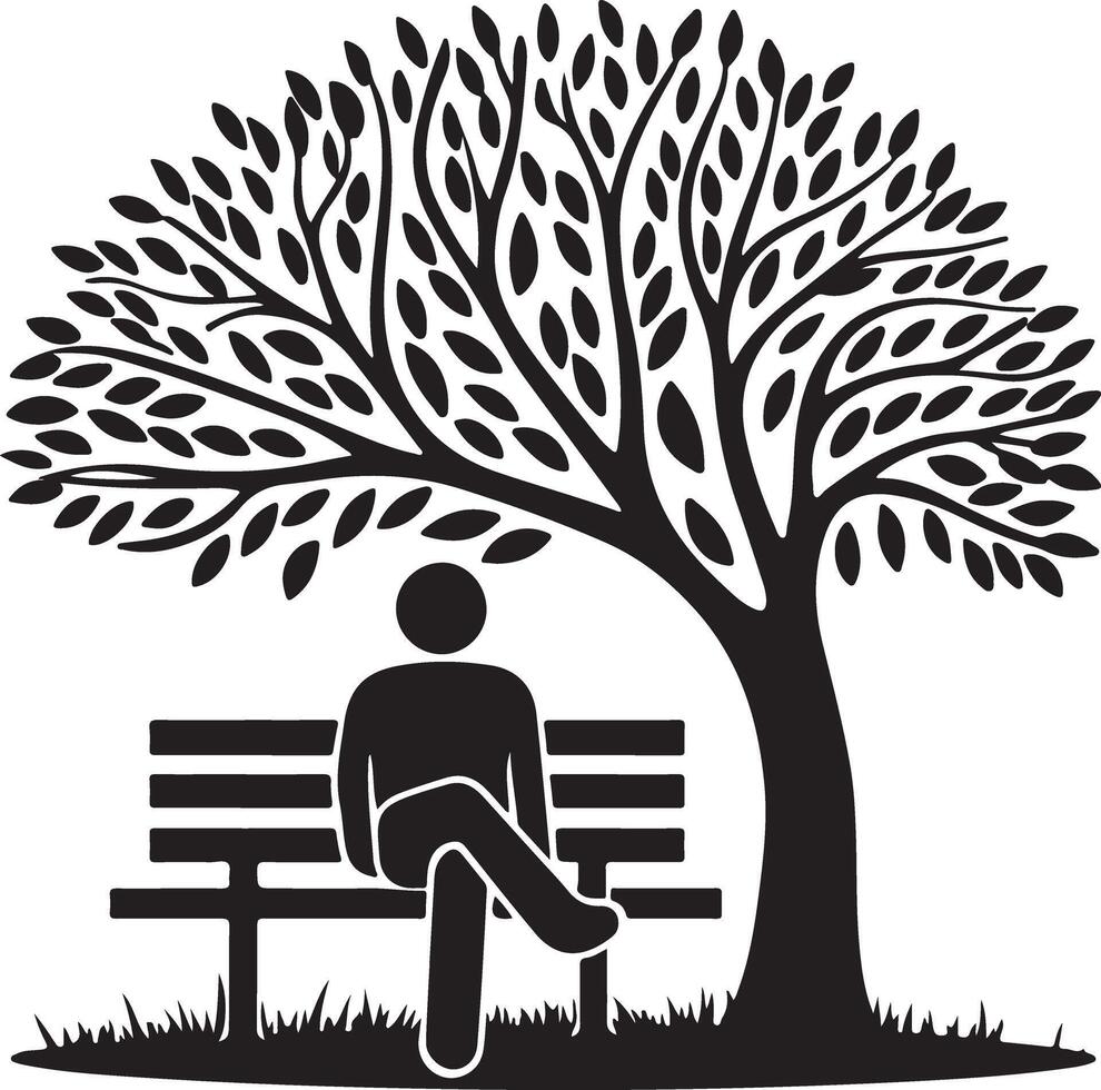 Person sitting on a bench under a tree vector