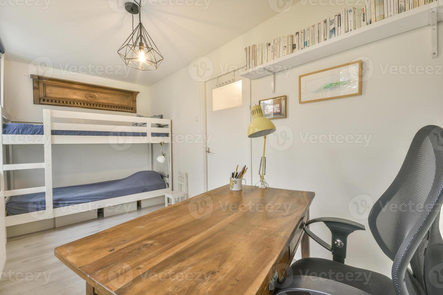 A desk with a chair photo