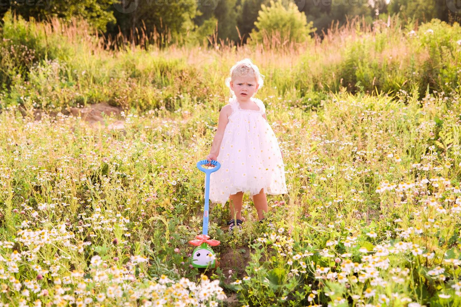 A 1 year girl playing with daisies in a field photo