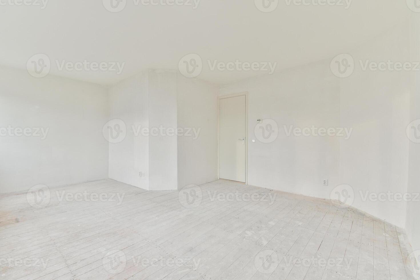 An empty room with white walls and wooden floors photo