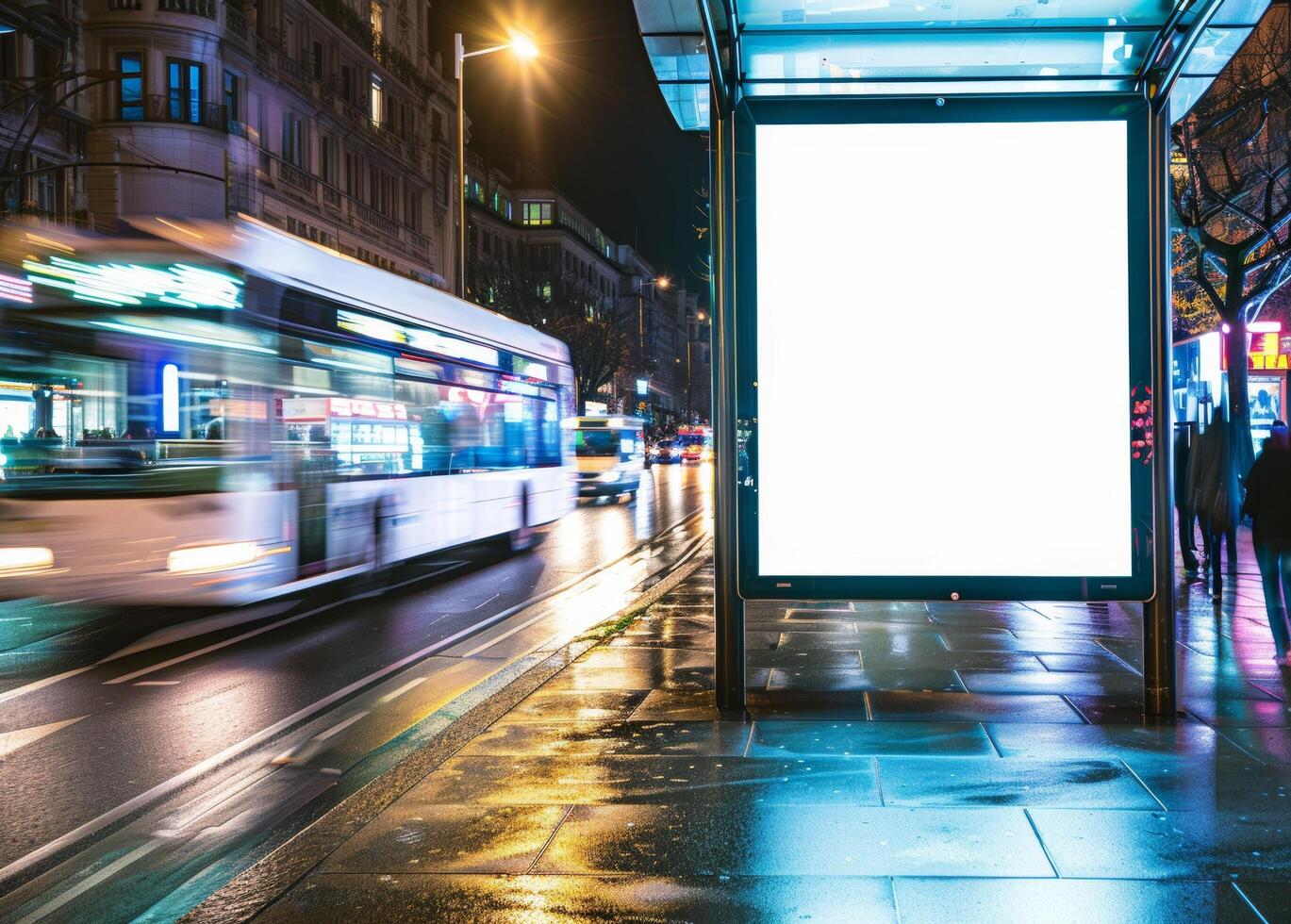 Mockup billboard. Empty street poster. Night Advertisement background. Mock template, white frame. Blank city banner photo
