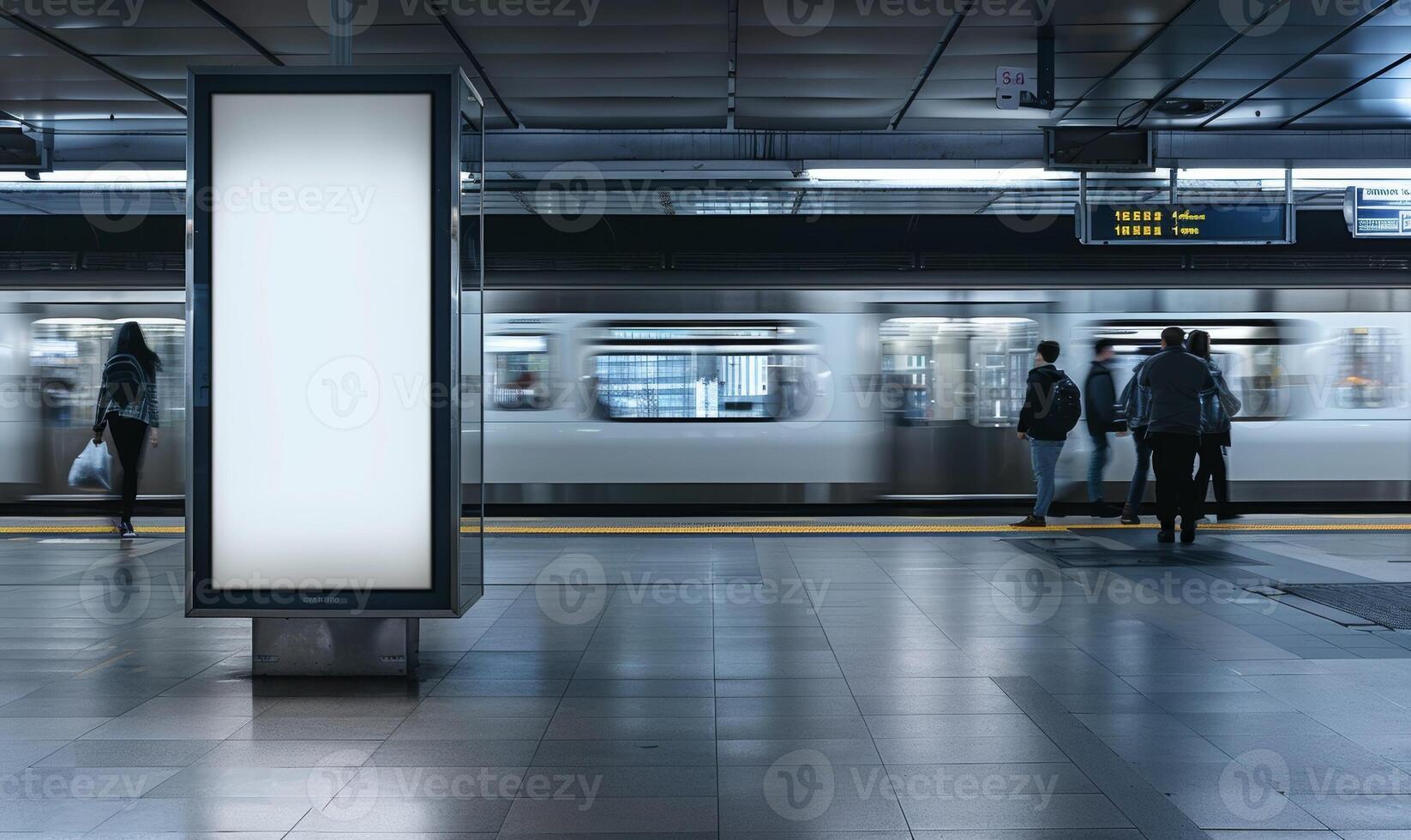 Mockup display in railway station. Blank board on underground platform. Marketing mock up banner in subway. Template poster in city street. Empty business billboard in metro photo