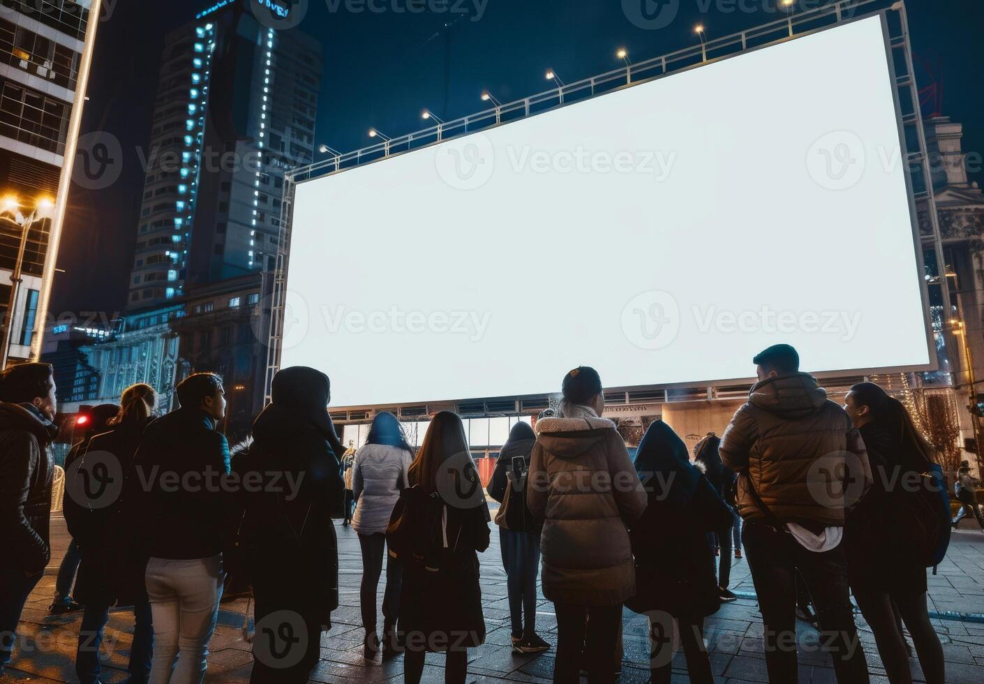 Mockup billboard. Advertisement banner poster. Commercial template on street. Blank empty space. White display sign. Business mock-up frame in city photo