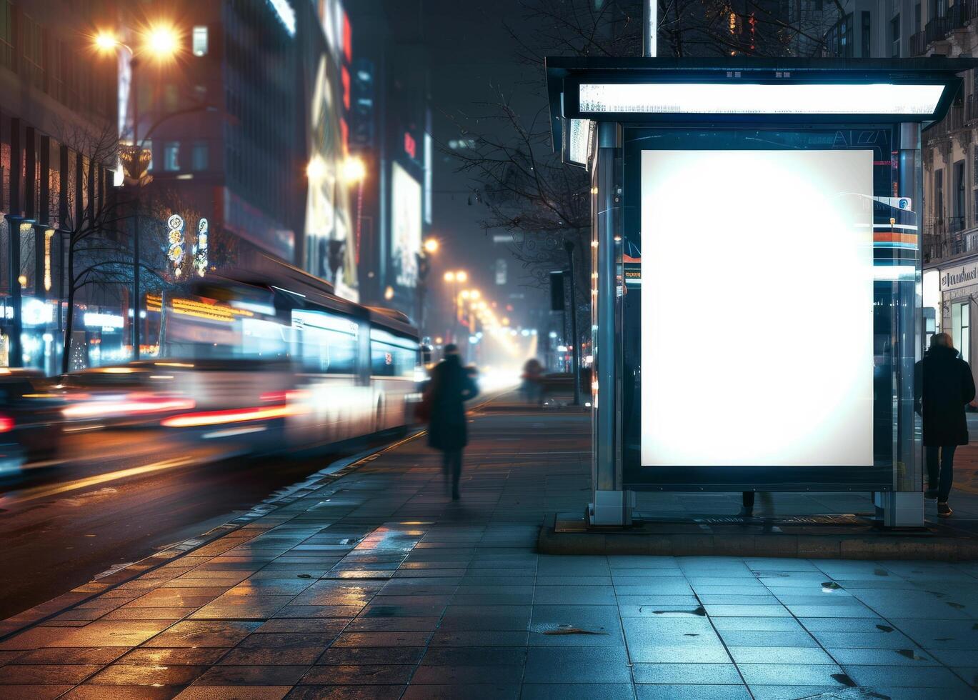 Mockup billboard. Empty street poster. Night Advertisement background. Mock template, white frame. Blank city banner photo