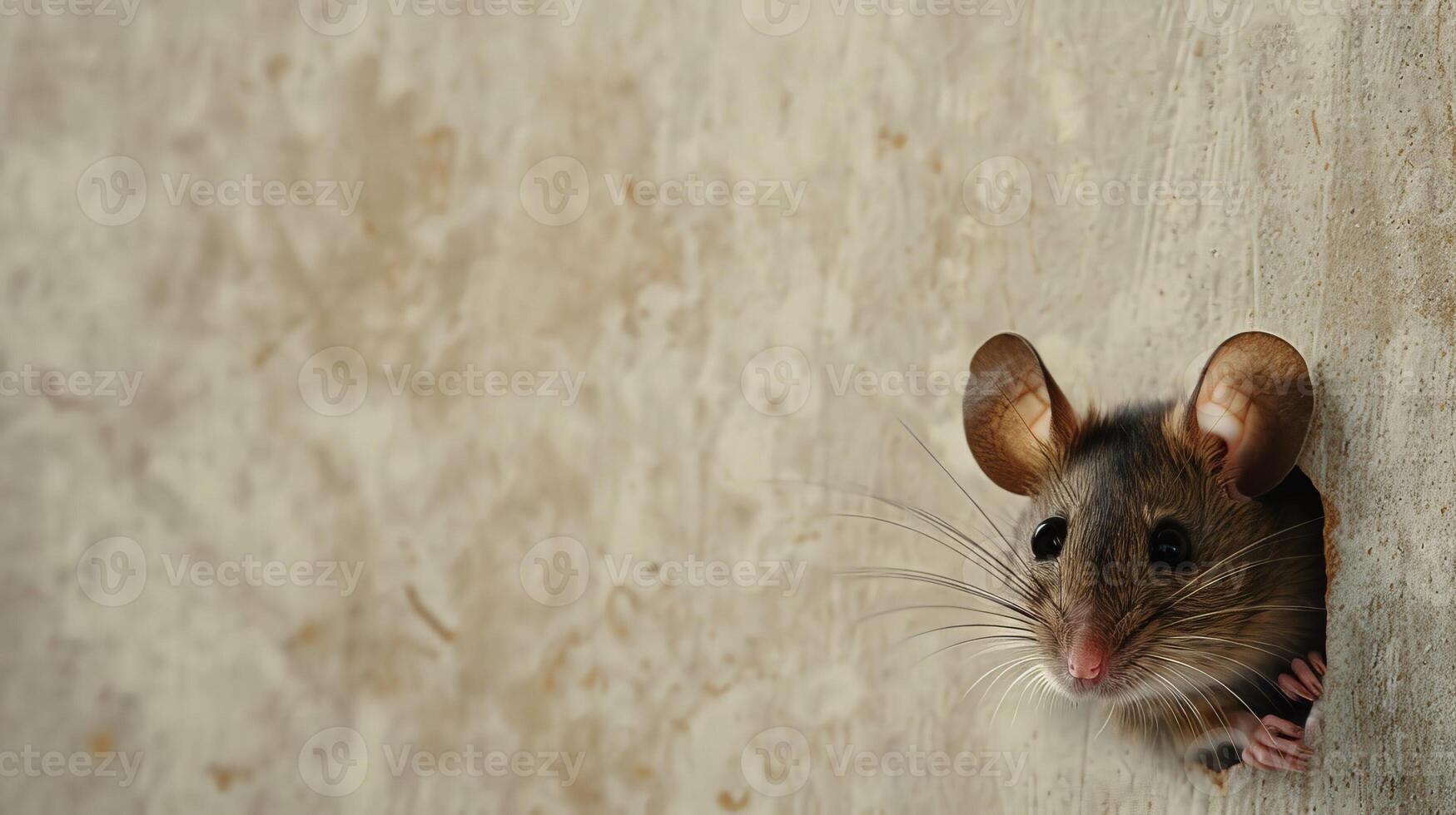 Rat in home. Little rodent on floor at wall. Small grey animal, danger situation. Mouse in hole photo