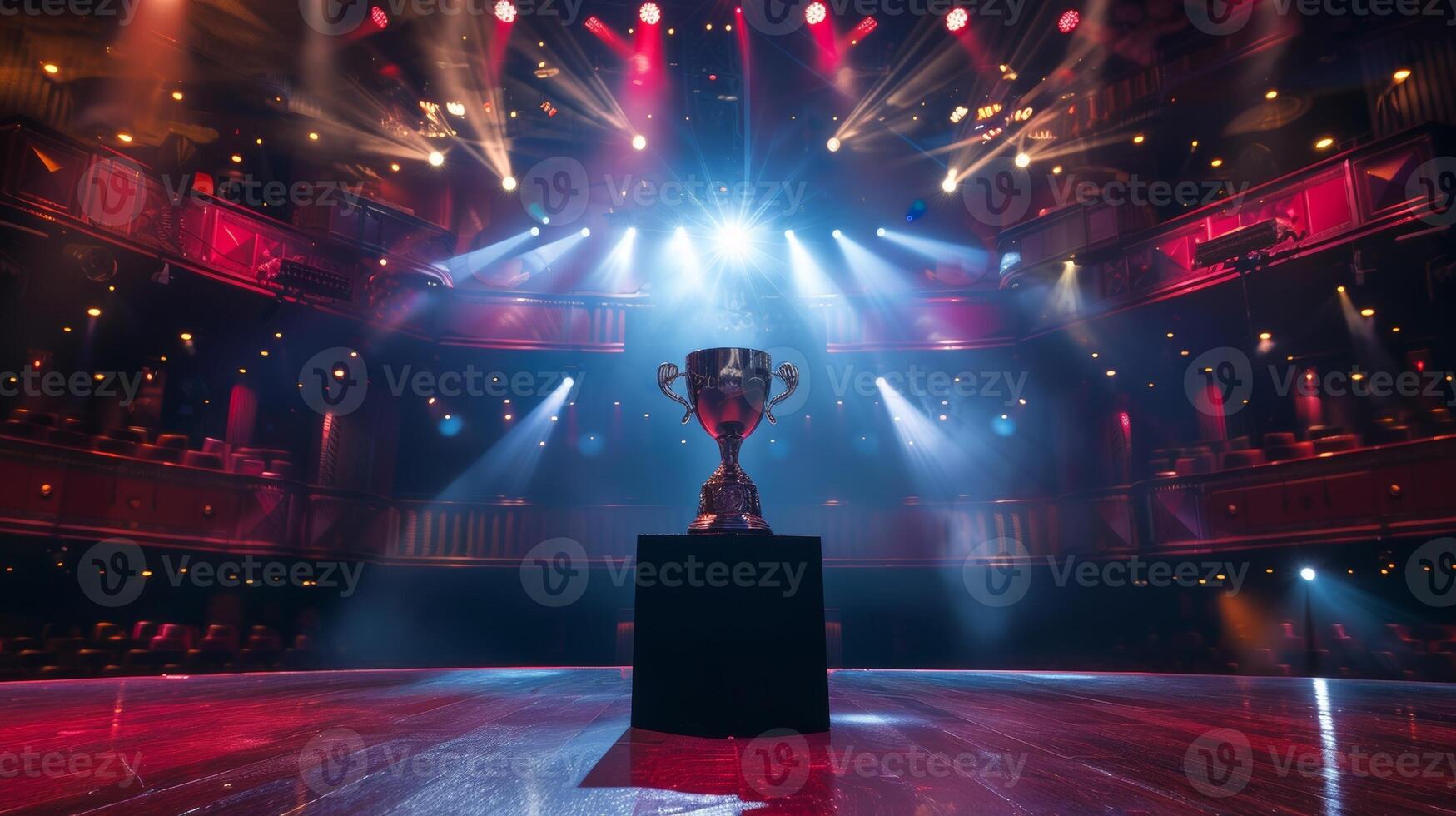 Champion greeting with winner cup. Celebration and prize. Award ceremony and festival stage. Victory platform. Luxury nomination party. Celebrate championship photo