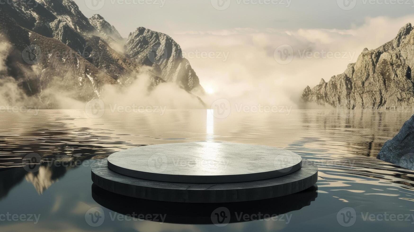 Platform on water. Product stage on sea wave, pedestal with ocean background. Scene for business luxury stand. Empty cosmetic podium with nature backdrop photo