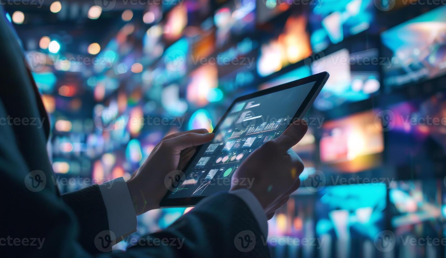Businessman with tablet. Financial online marketing. Management and analysis, internet planning. Business man and stock investment, digital market. Professional technology strategy photo