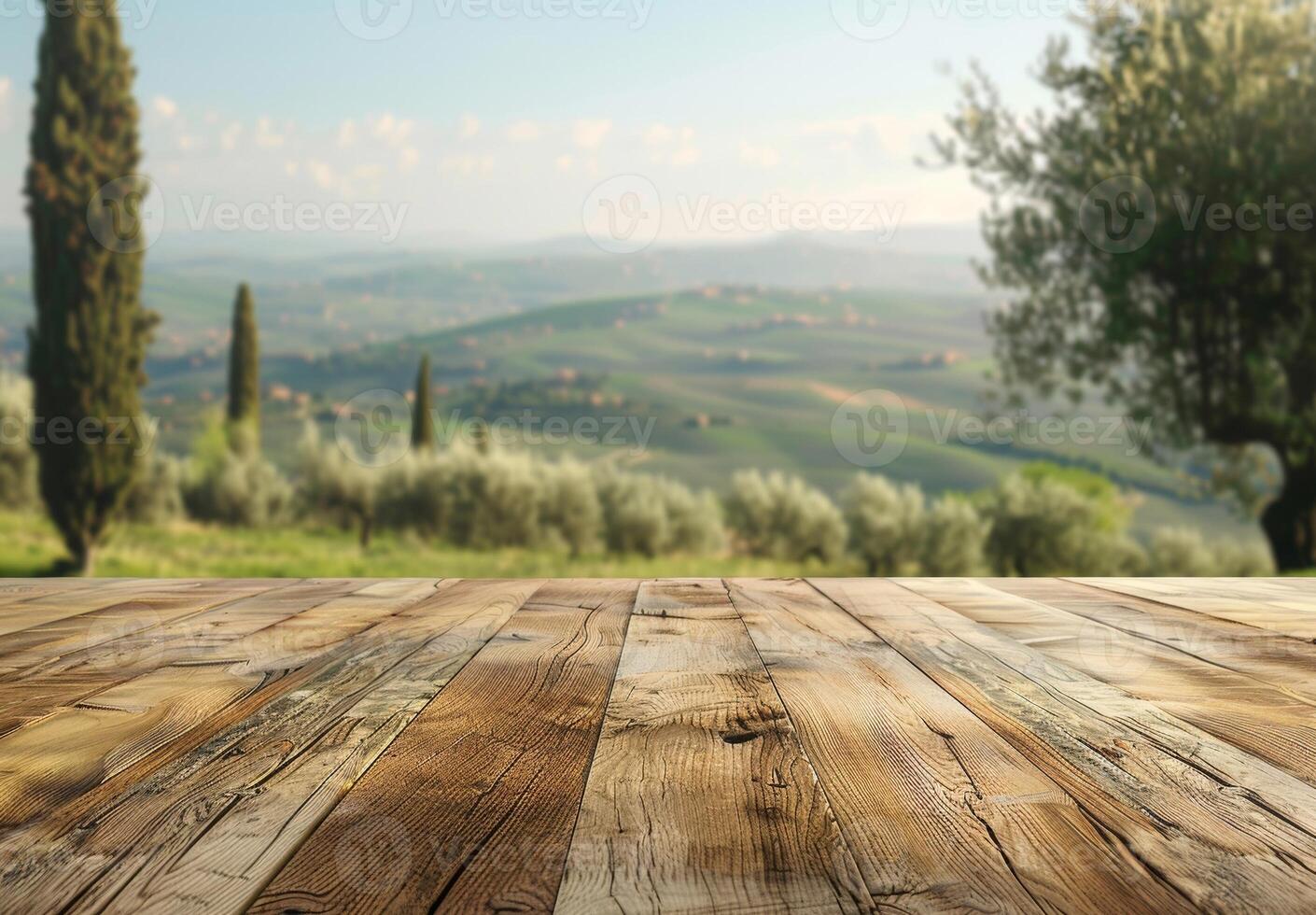 Province mockup desktop with italian country background. Summer wooden old rustic display place for copyspace product. Empty board tabletop for ads. Advertise mock up decoration photo