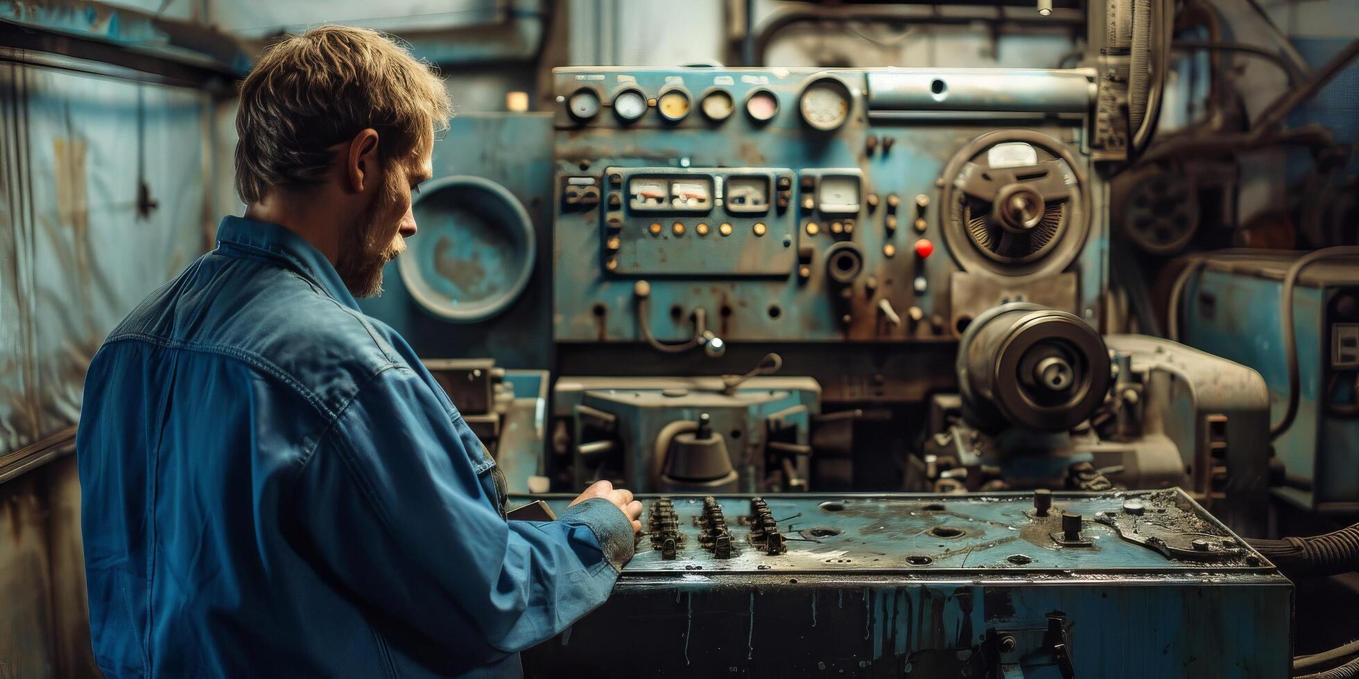 Worker at factory with machine. Workshop and job. Industry operator at mechanic plant. Industrial technology equipment. Manufacturing service and technician workman. photo
