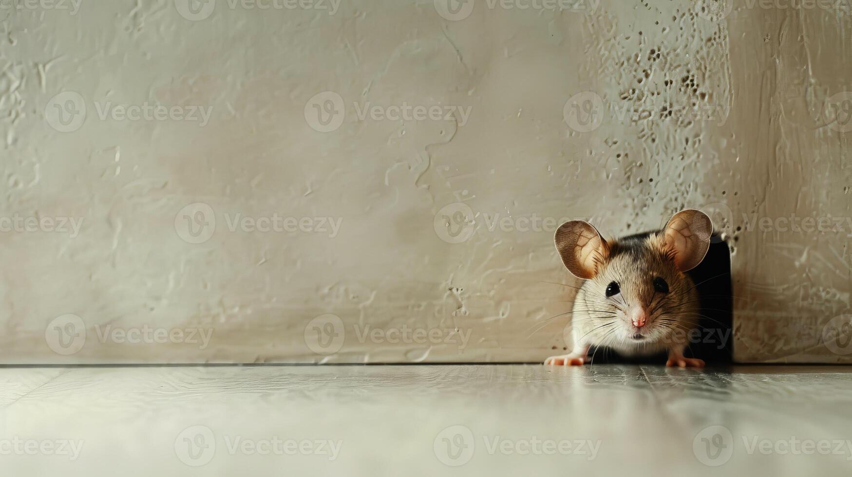 Rat in home. Mouse in hole. Little rodent on floor at wall. Small grey animal, danger situation. photo
