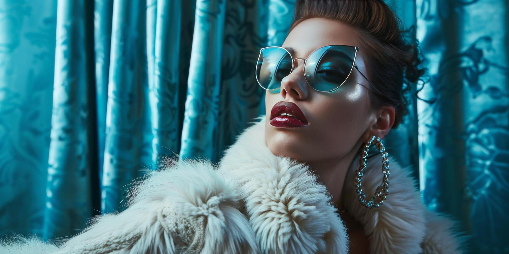 Fashion woman model. Young luxury girl portrait in fur coat. Beauty glamour lady. Fashionable female sensual person with makeup and sunglasses photo