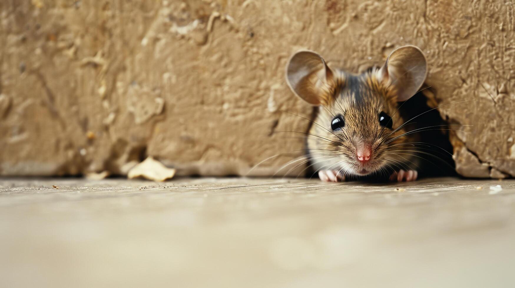 Rat in home. Little rodent on floor at wall. Small grey animal, danger situation. Mouse in hole photo