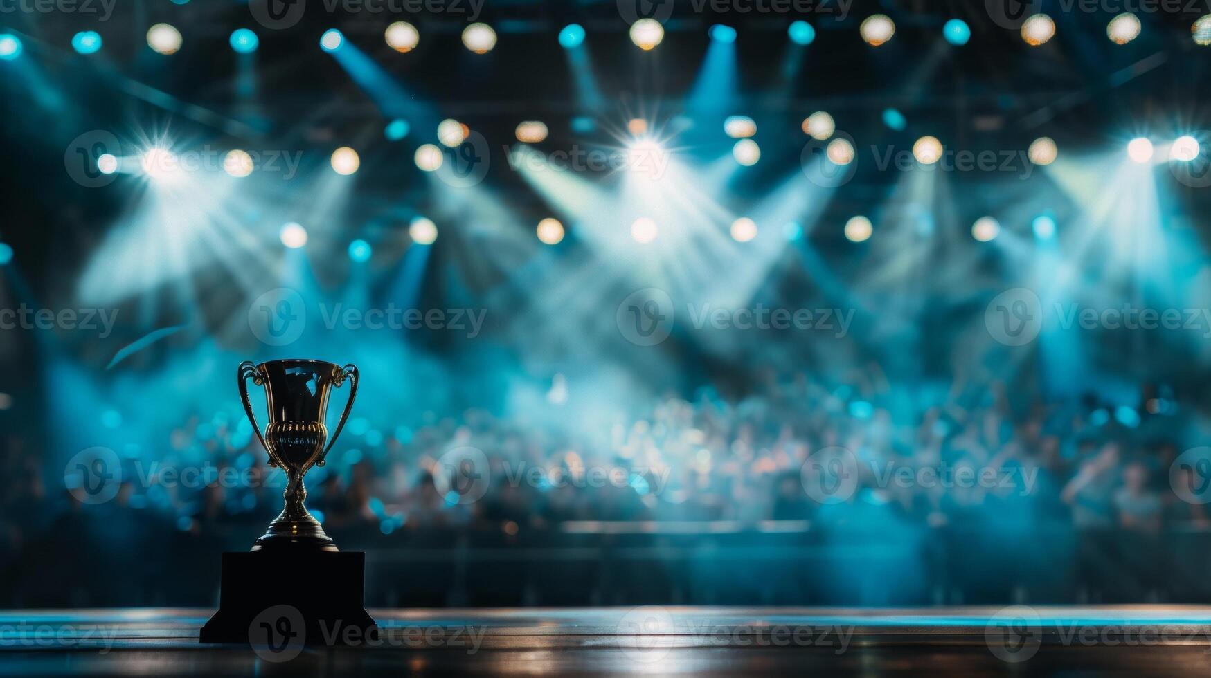 Champion greeting with winner cup. Celebration and prize. Celebrate championship. Award ceremony and festival stage. Luxury nomination party. Victory platform photo
