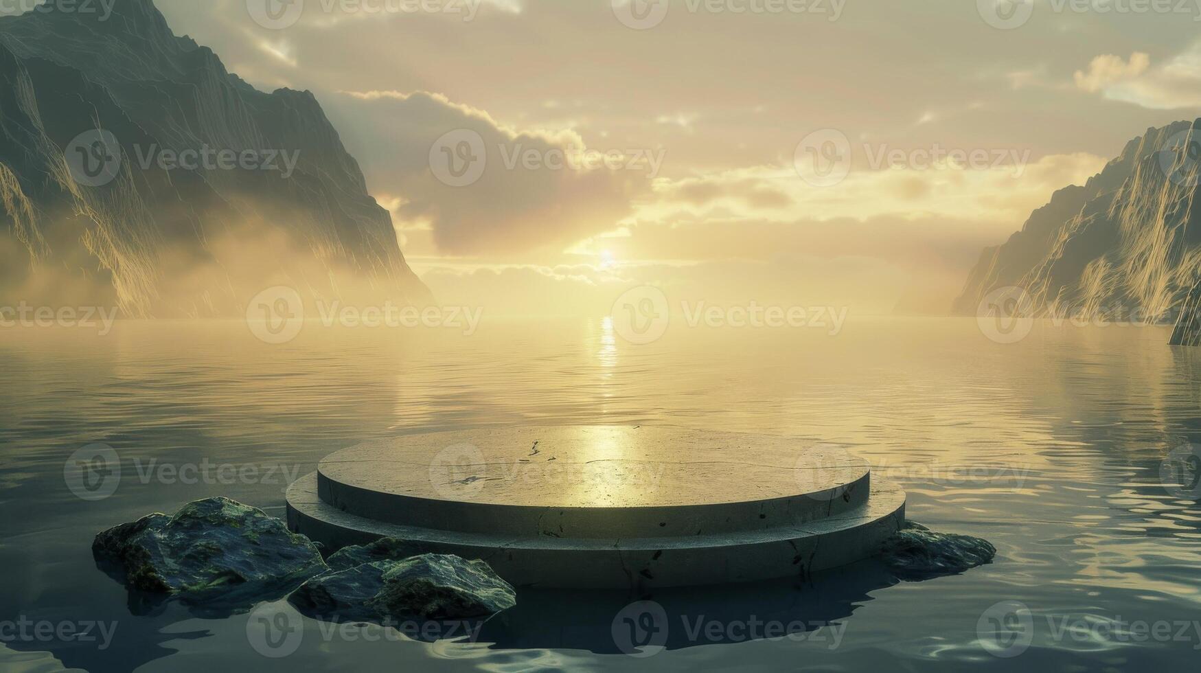 Platform on water. Empty cosmetic podium with nature backdrop. Scene for business luxury stand. Product stage on sea wave, pedestal with ocean background photo