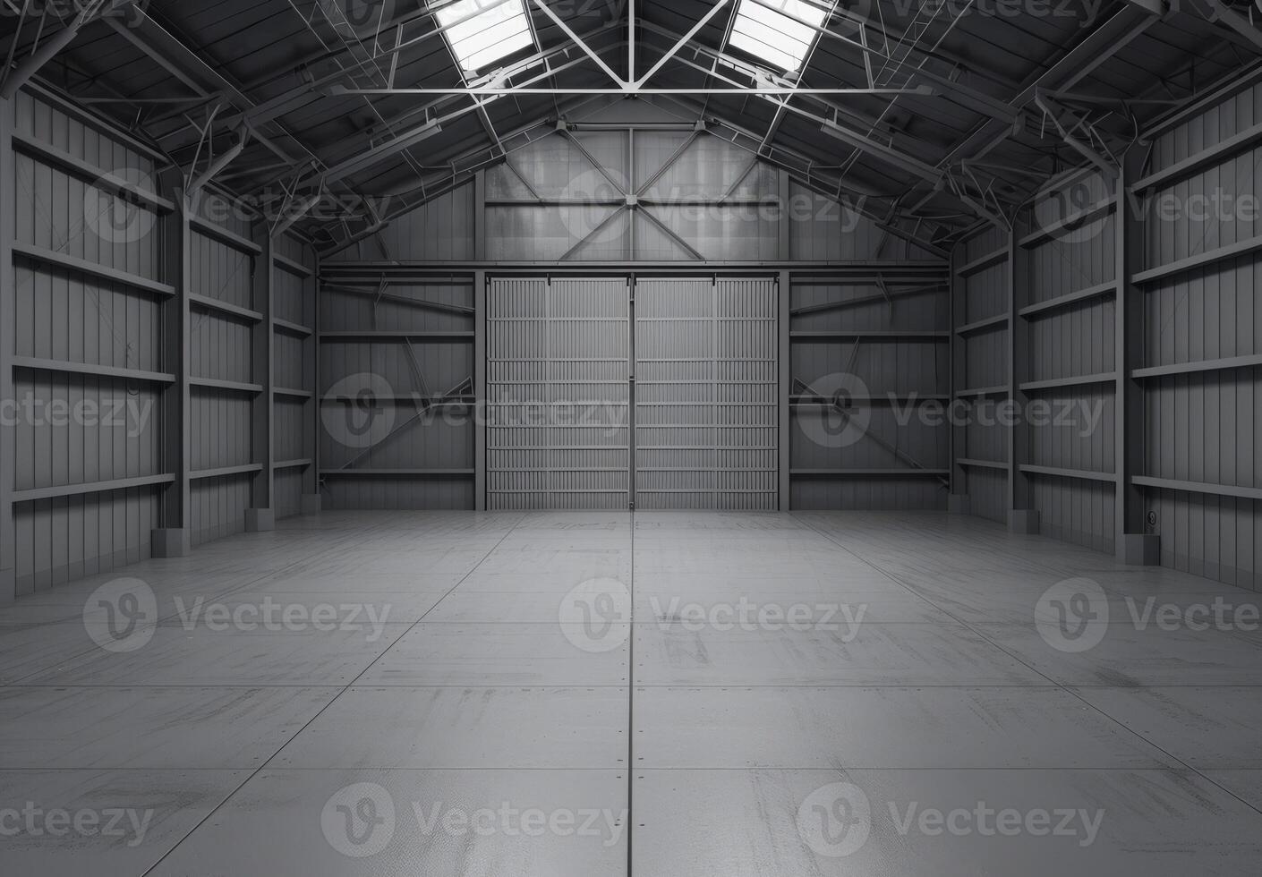 Warehouse hangar, industrial garage. Storage room, modern factory building. Metal storehouse with copyspace. Empty industry interior, steel background photo