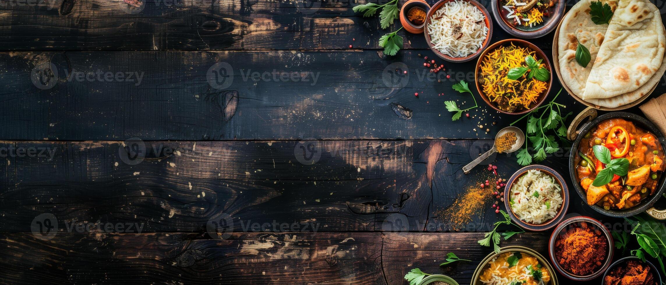 Indian curry spice food in bowl. Rustic wooden table. Copyspace for template. Traditional asian fried vegetable dinner with rice, chicken, bread and sauce in dish photo