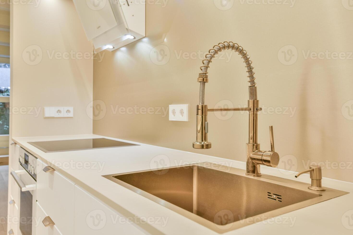 A kitchen with a sink and a faucet photo