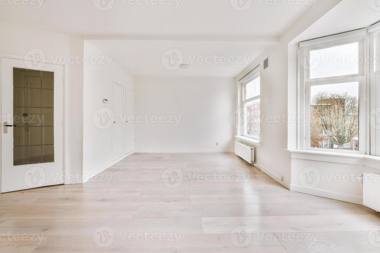 An empty room with white walls and wooden floors photo