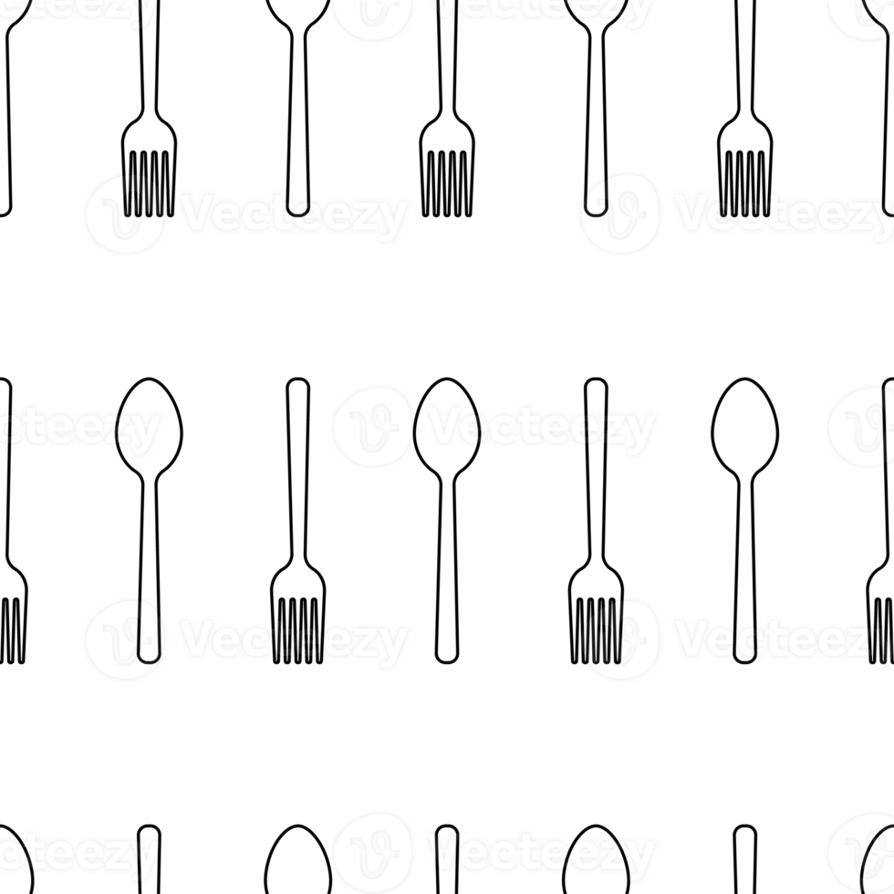 fork and spoon black out line on transparent background seamless pattern illustration. utensil shape cutlery no people. png