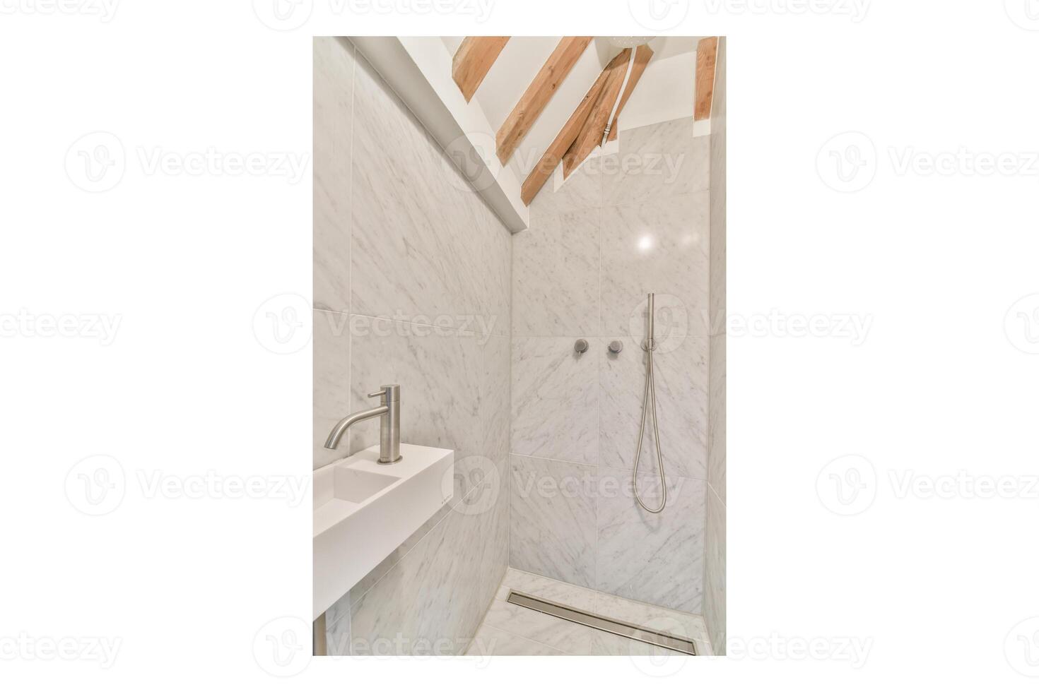 A bathroom with a shower and a sink photo