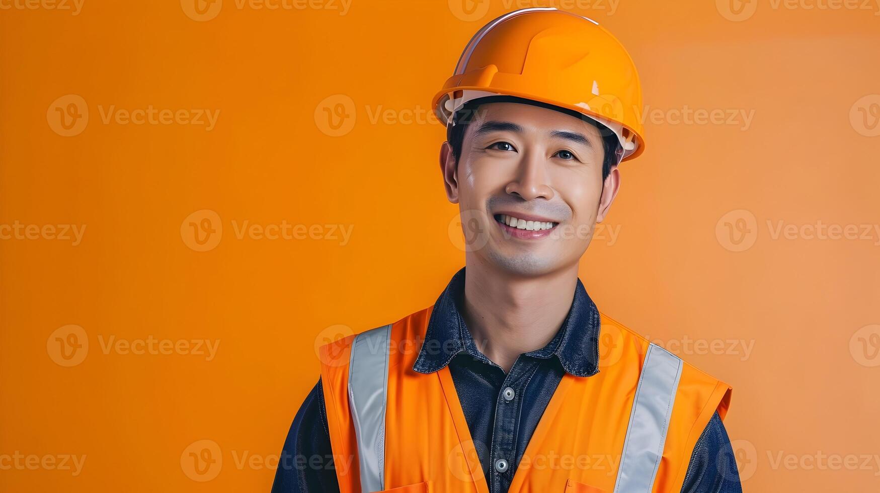 Smiling Asian Engineer in Hard Hat and Vest on Orange Background photo