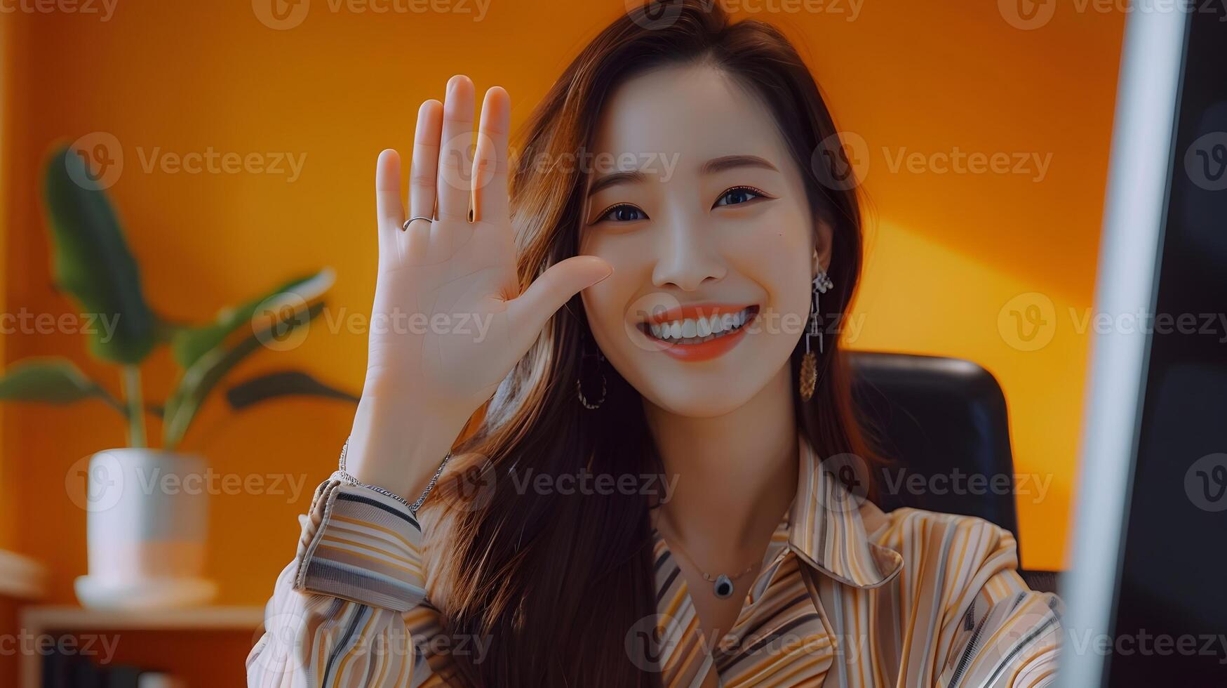 Smiling Asian Woman Waving During Call in Modern Office Setting photo