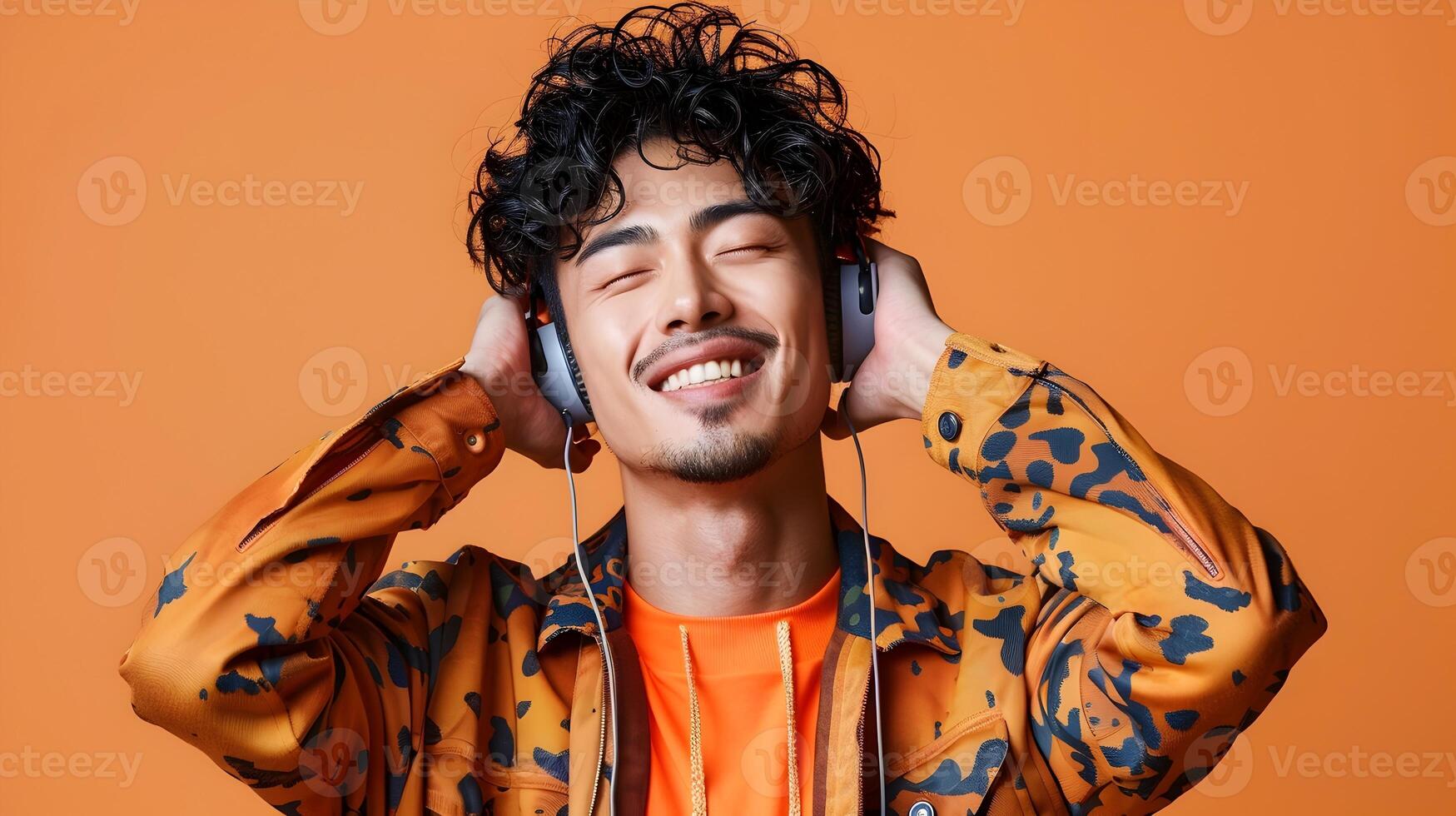 Smiling Hallyu Man Listening to Music in Modern Costume with Orange Background photo