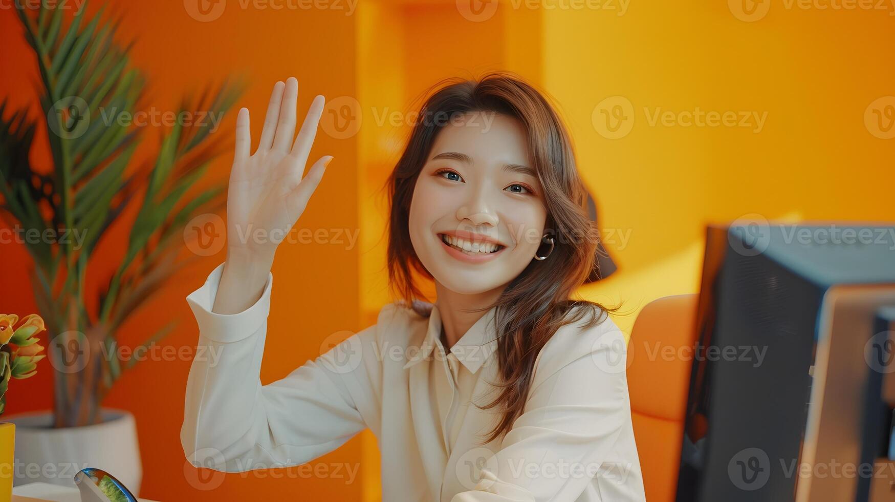 Smiling Asian Woman Waving During Call in Modern Office Setting photo