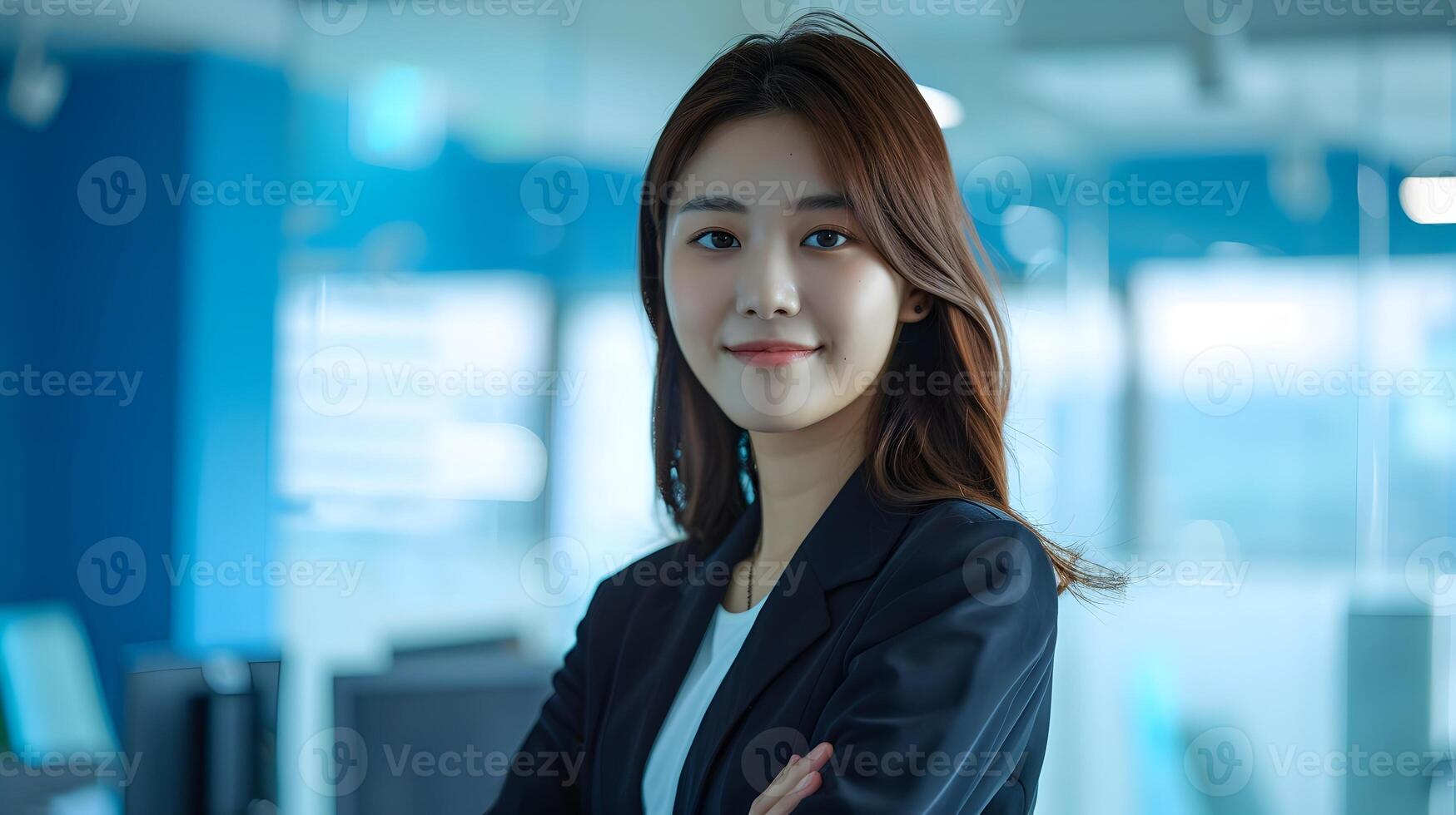 Confident Young Hallyu Businesswoman Smiling at Inside Modern Blue Toned Office photo