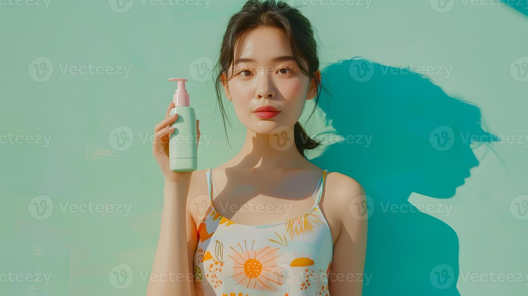 Joyful Asian Hallyu Girl Holding Shampoo Bottle on Green Background in Neo Pop Styling photo