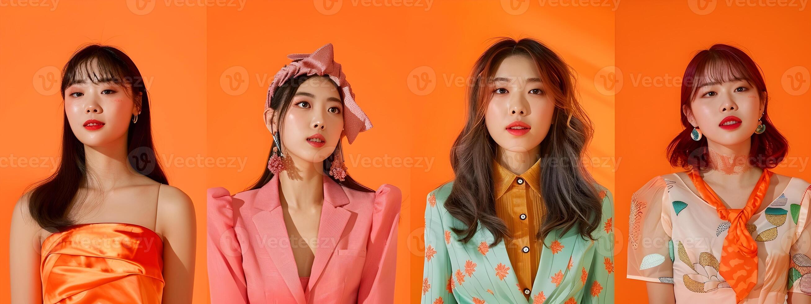 Captivating Hallyu Girls in Chic Neo Pop Fashion with Vibrant Orange Backdrop photo