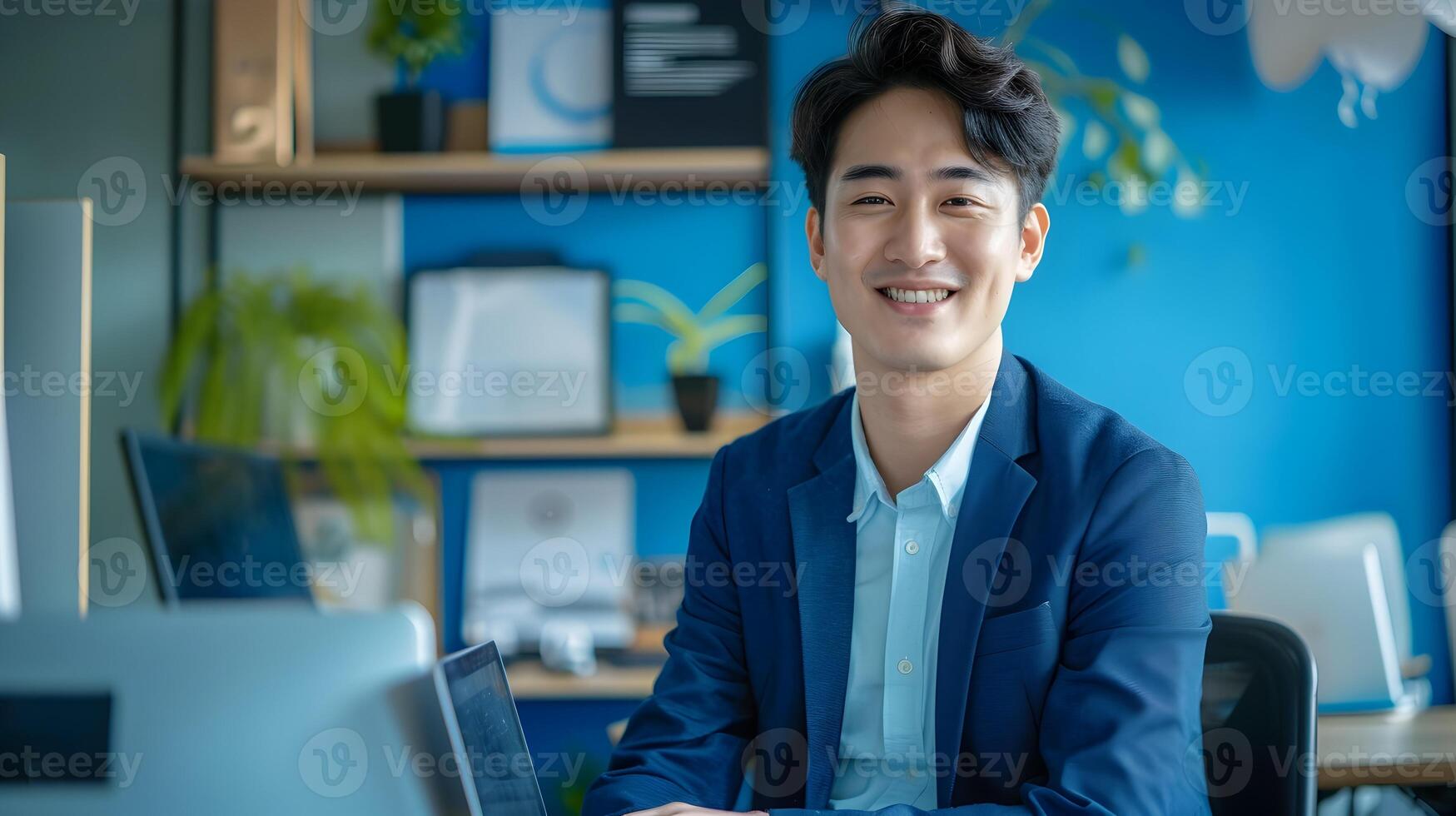 Portrait of Enthusiastic Hallyu Businessman at Modern Office Workspace photo
