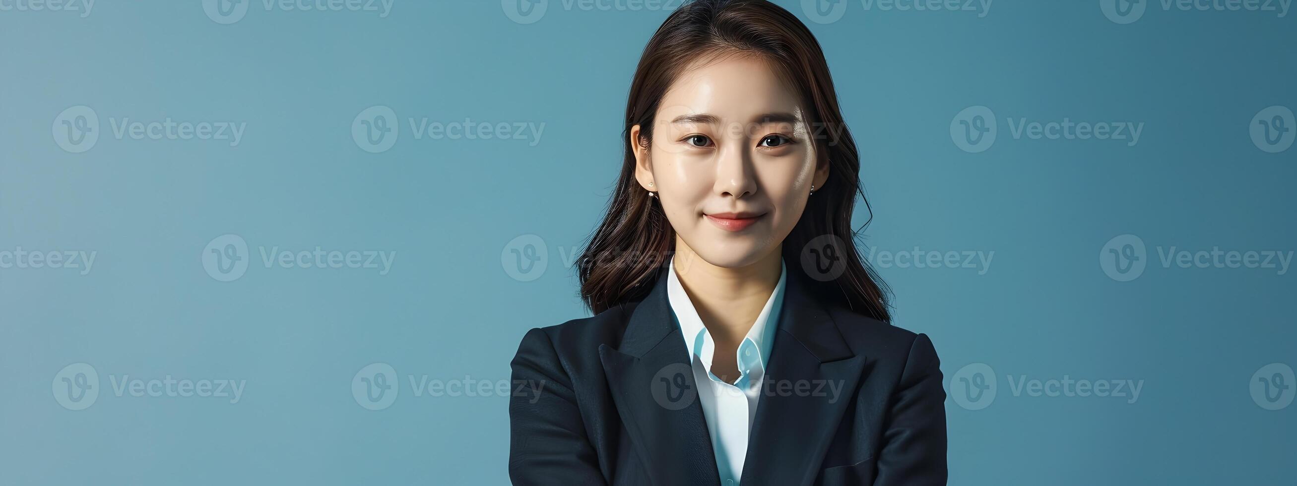 Confident Businesswoman in Suit Smiling at Against Blue Background photo