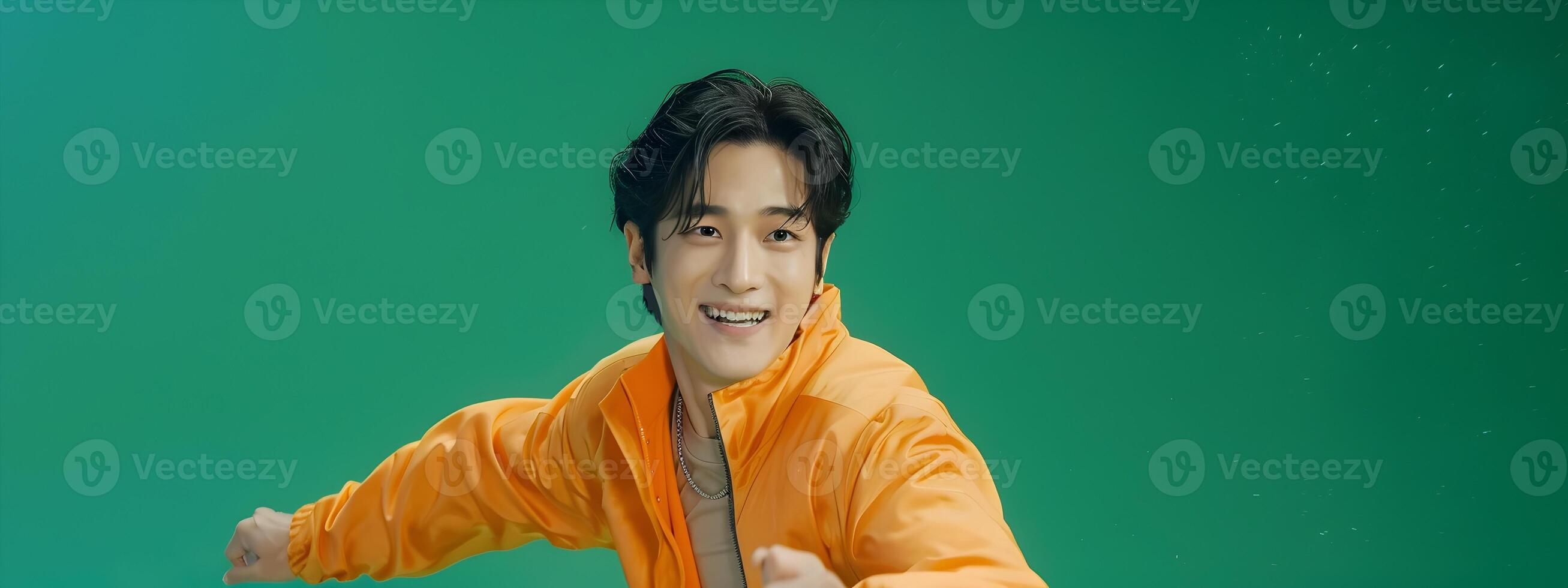 Energetic Hallyu Man in Modern Costume Smiling and Running on Green Background photo