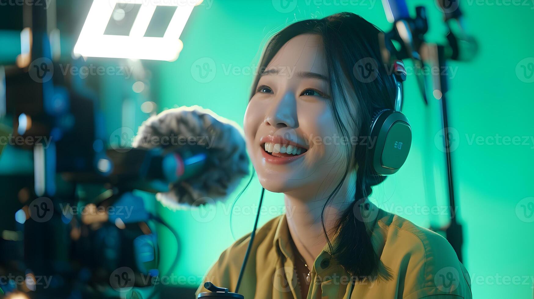 Energetic Asian Woman Recording Online Content in Bright Studio photo