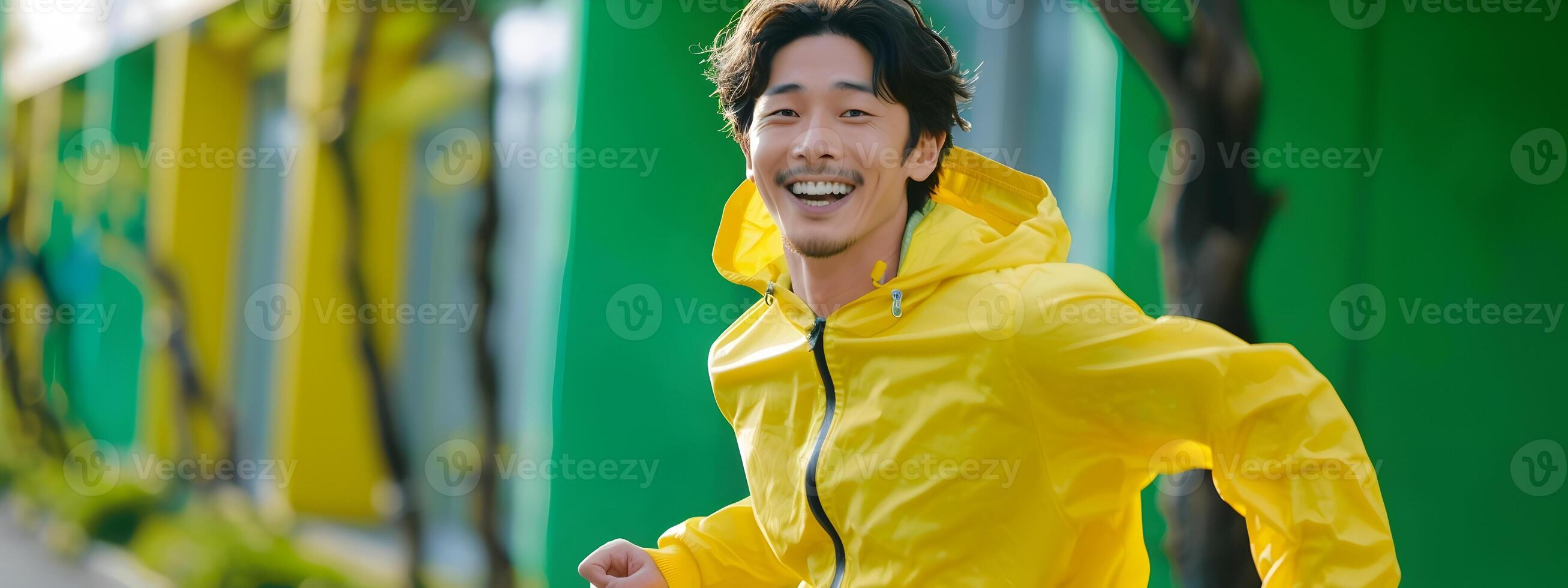 Energetic Hallyu Man Running with Vibrant Expression in Modern Aesthetic photo