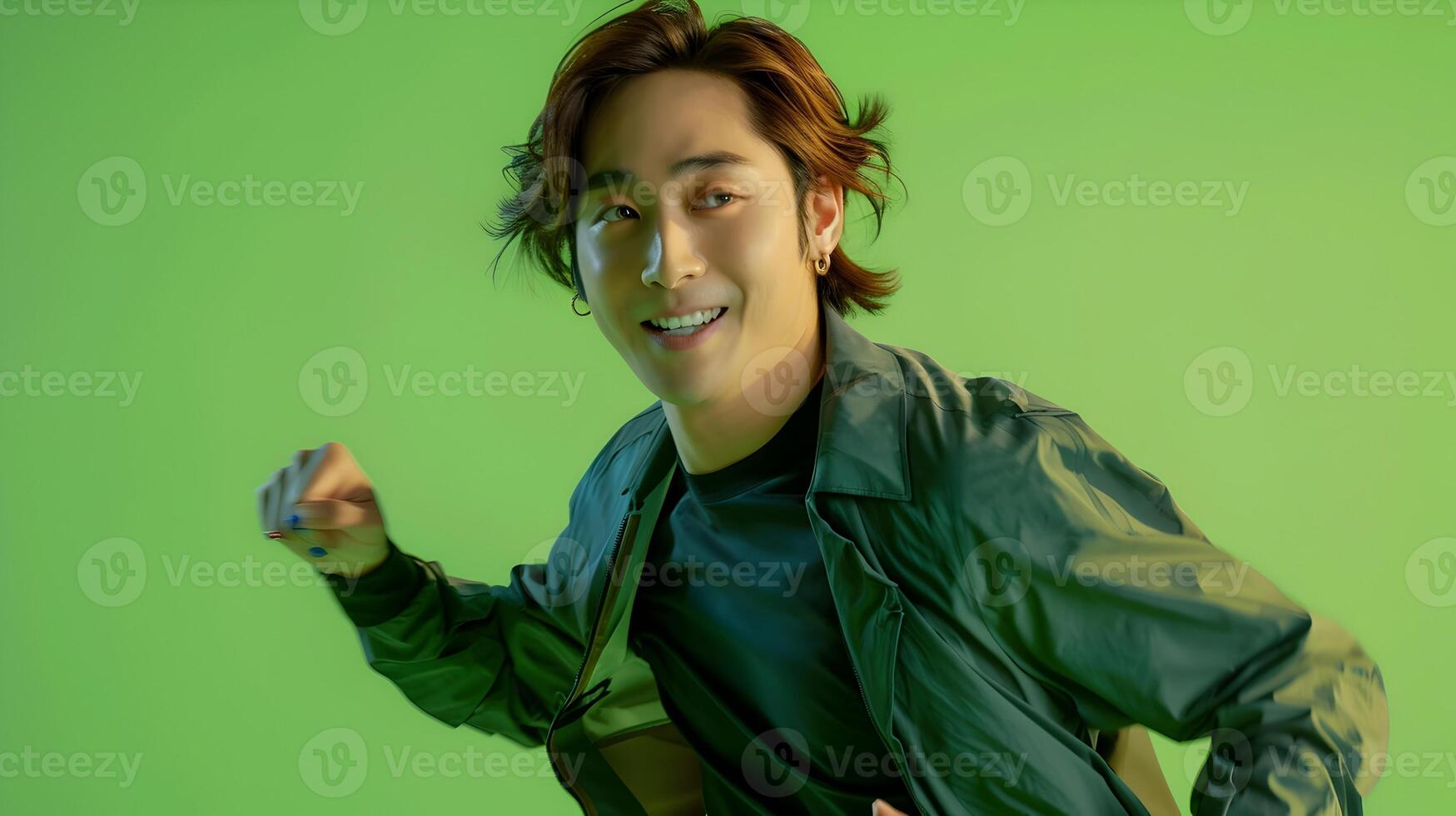 Energetic Hallyu Man in Vibrant Neo Pop Costume Smiling at photo