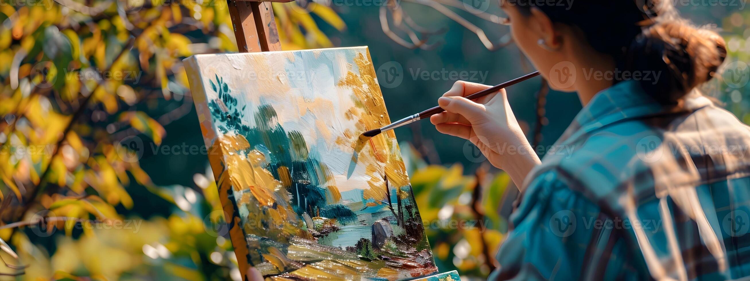 Painter Capturing Nature s Beauty on Easel in Sunny Garden photo