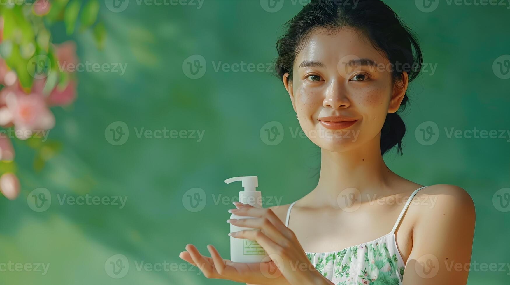 Joyful Asian Woman Holding Skincare Lotion in Green Nature Setting for TV Commercial photo