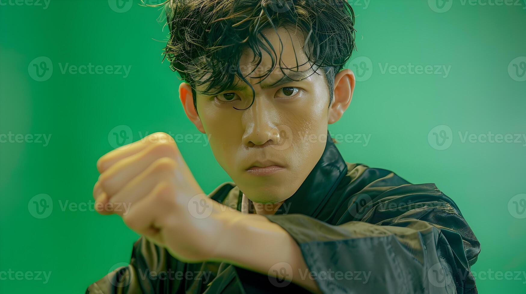 Confident and Charismatic Asian Man in Dynamic Fighting Pose Against Vibrant Green Background photo