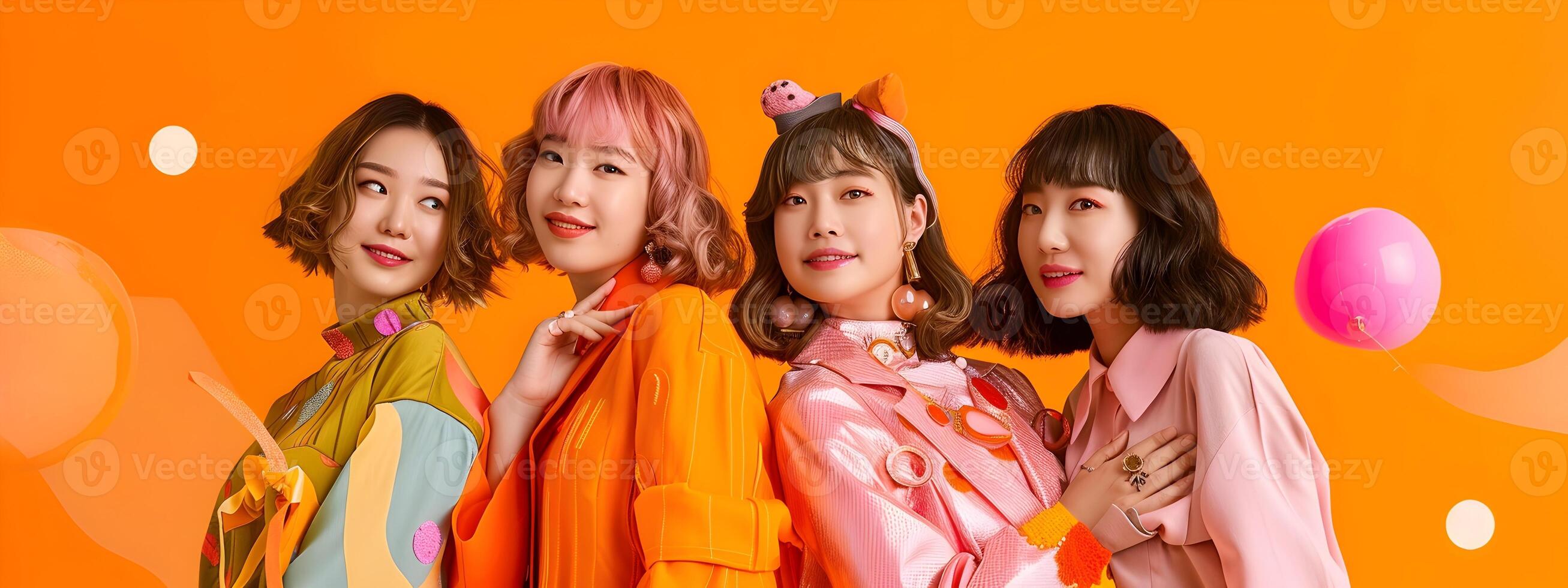 Energetic Hallyu Girls in Modern Neo Pop Inspired Costumes on Orange Background photo