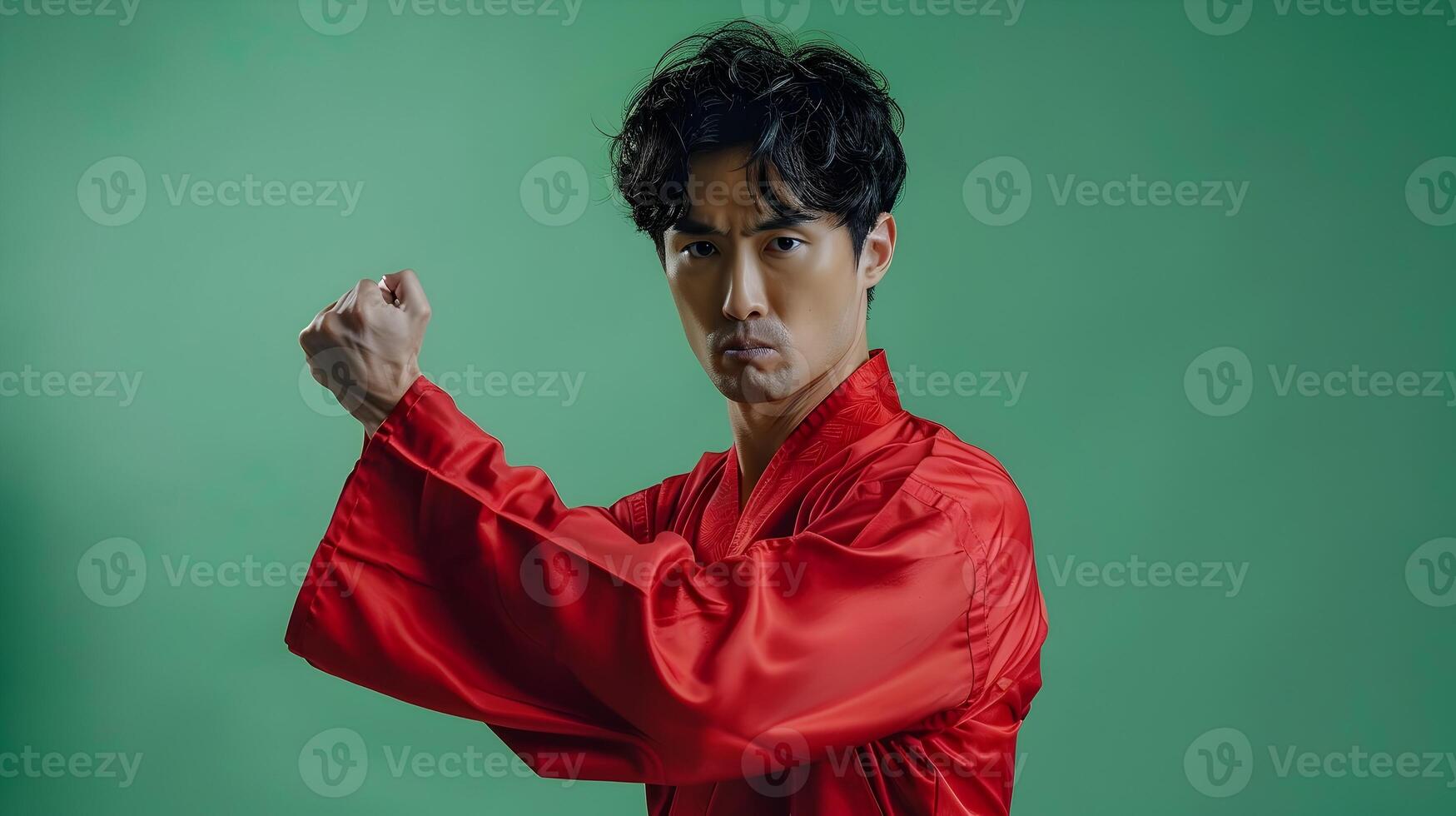 Energetic Asian Man in Neo Pop Inspired Portrait Performing Fist Pump Fighting Pose photo