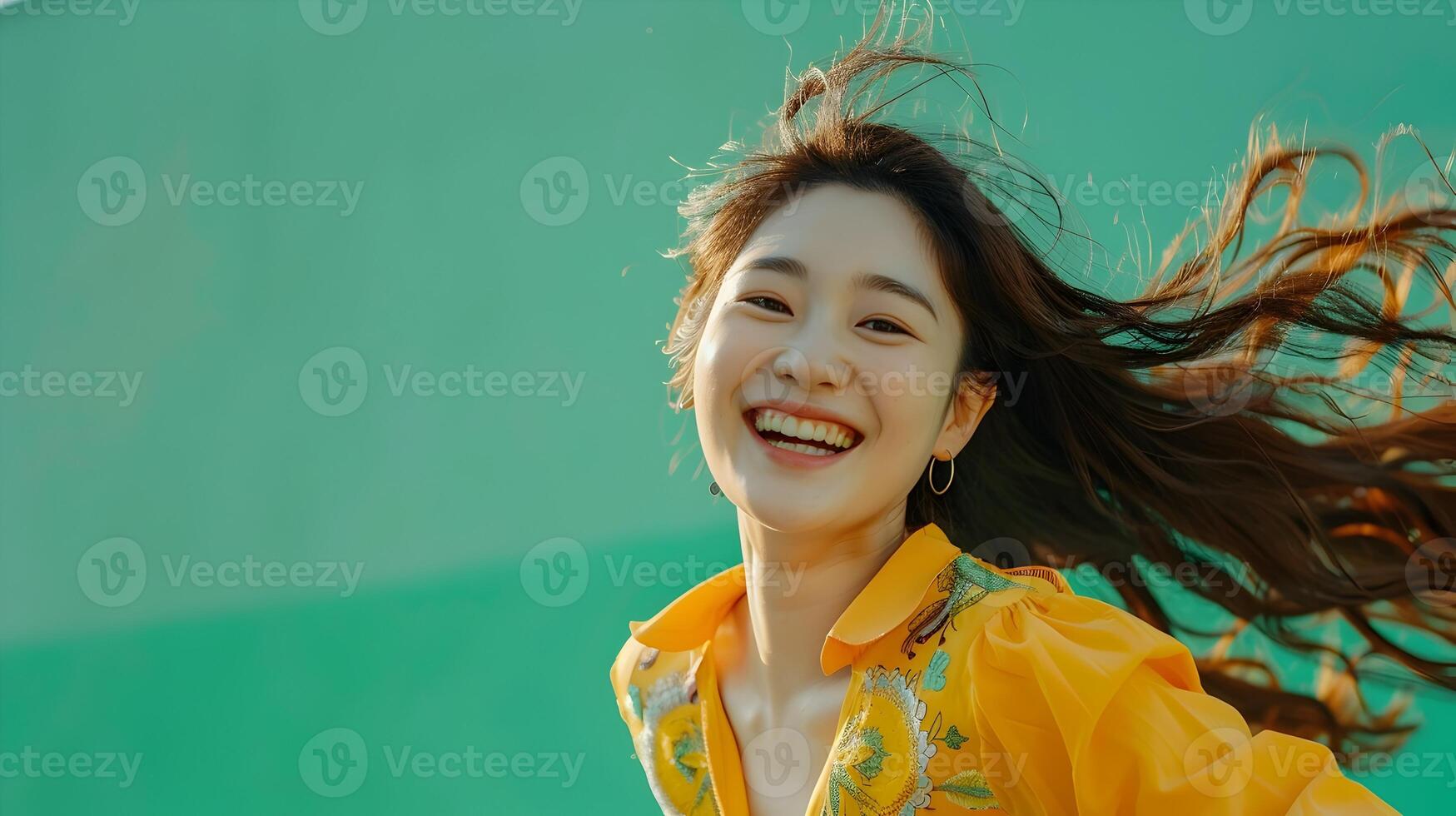 Energetic Hallyu Woman Running Joyfully on Green Screen photo